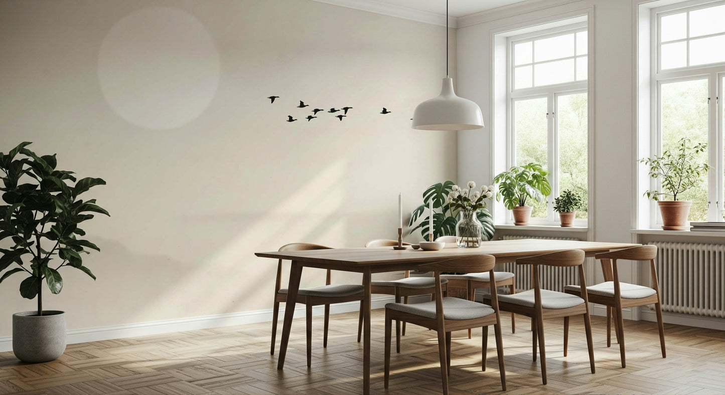 The mural is installed in a calm living room behind a simple, dark sofa.
