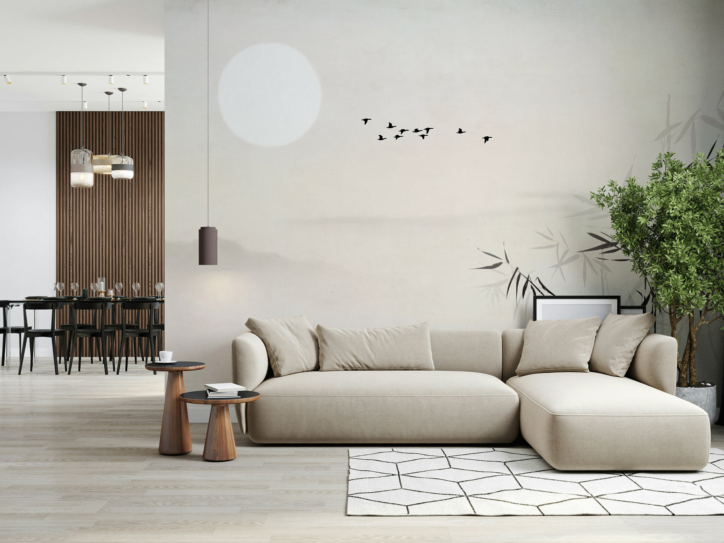 The mural extends across the entire wall, making the room feel more vast.