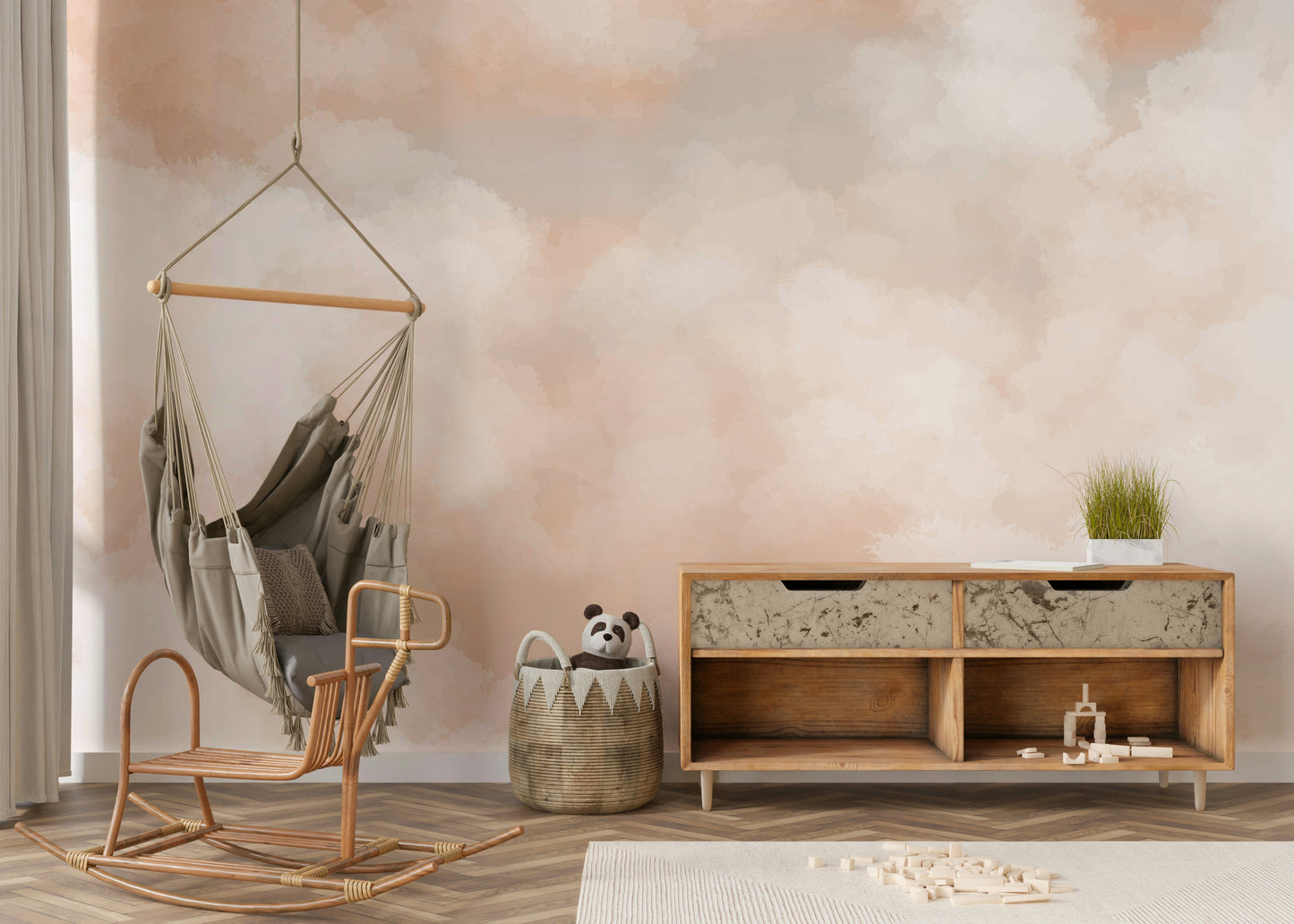 The mural is installed in a calm living room behind a simple, light-colored sofa.