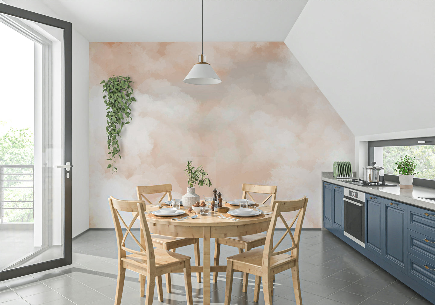 A wall mural featuring a soft, blended sky in shades of peach and orange.