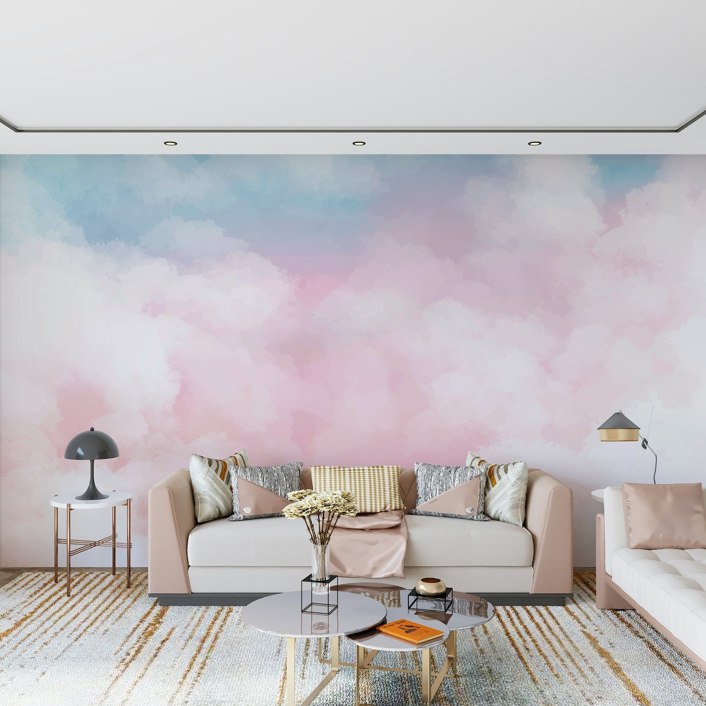 The mural is installed in a calm living room behind a simple, light-colored sofa.