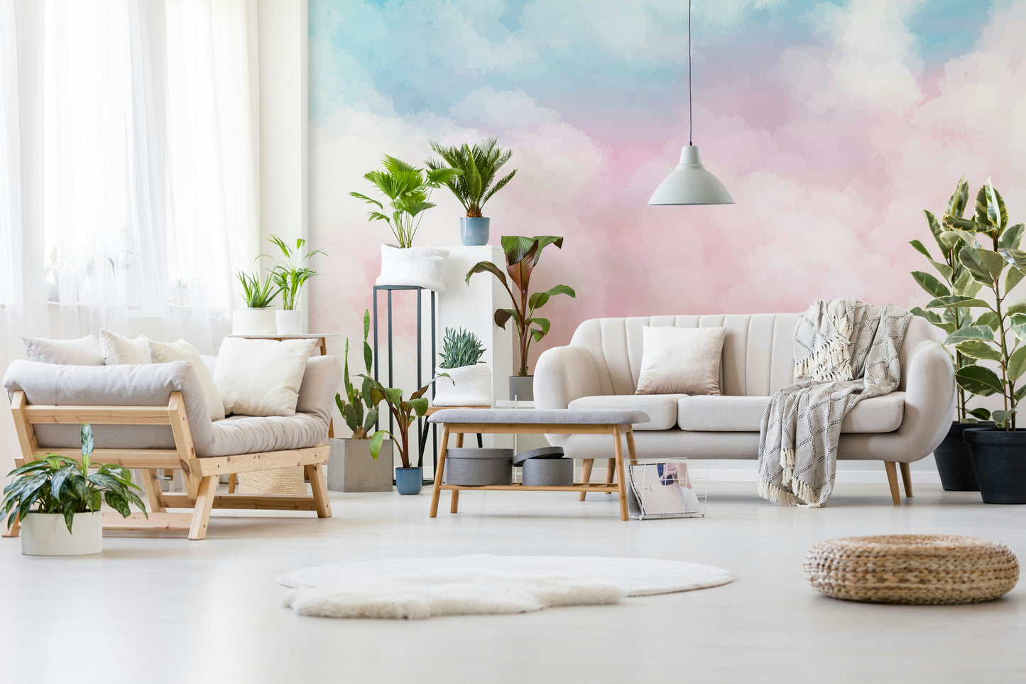 The mural extends across the entire wall, creating a clean, vast backdrop.