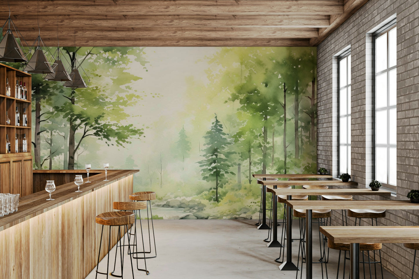 The mural is installed in a calm, modern living room.