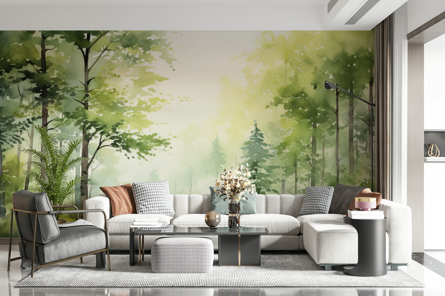 The mural extends across the entire wall, making the room feel more open.