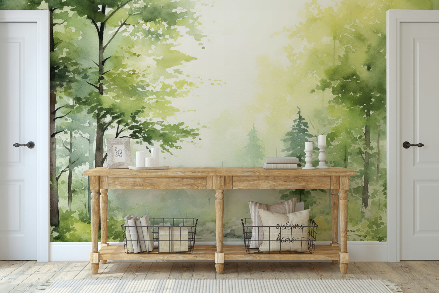 A wall mural featuring a serene rainforest scene with a small brook.