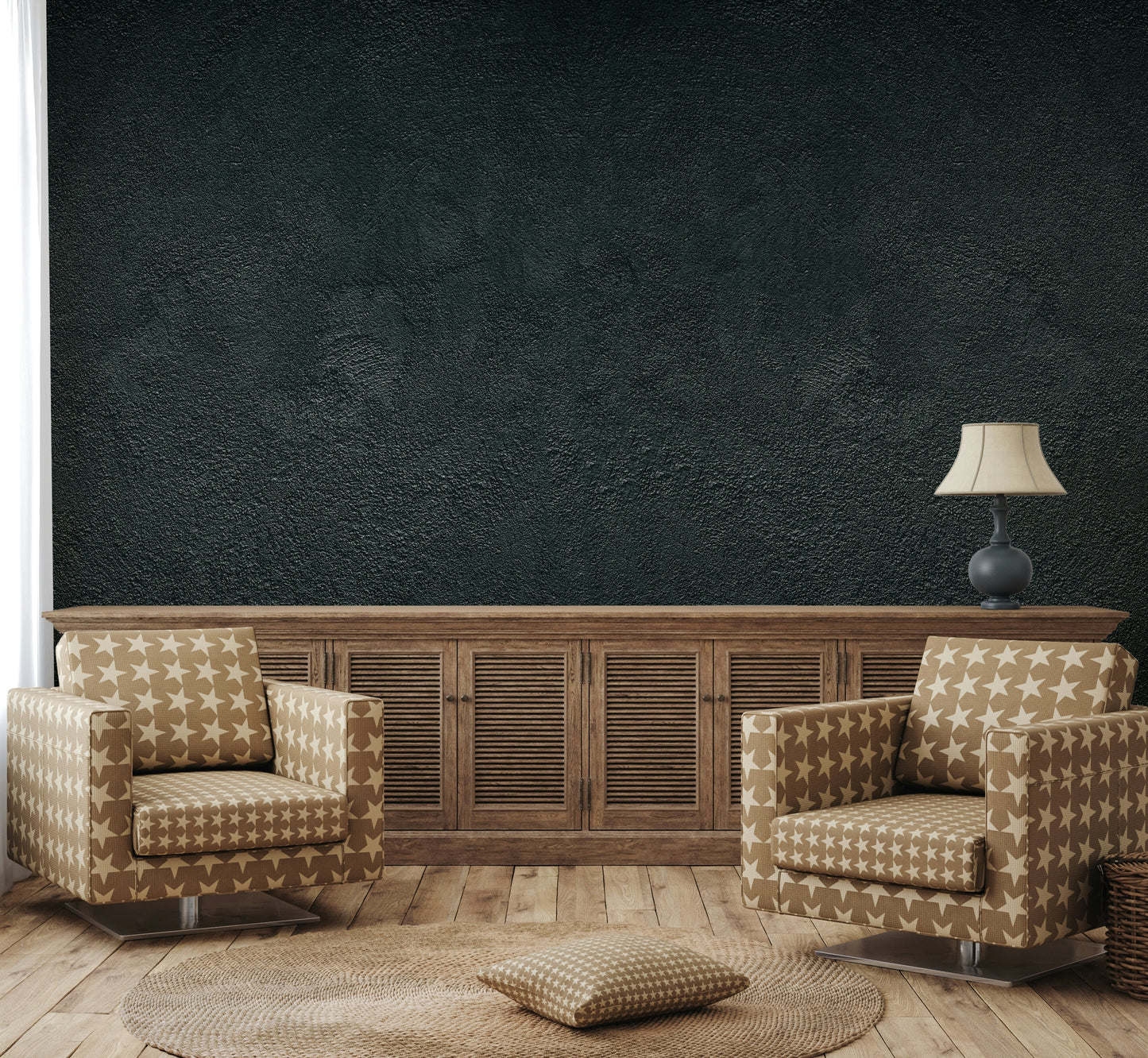 The colors are moody and dark, including shades of charcoal, deep gray, and black.