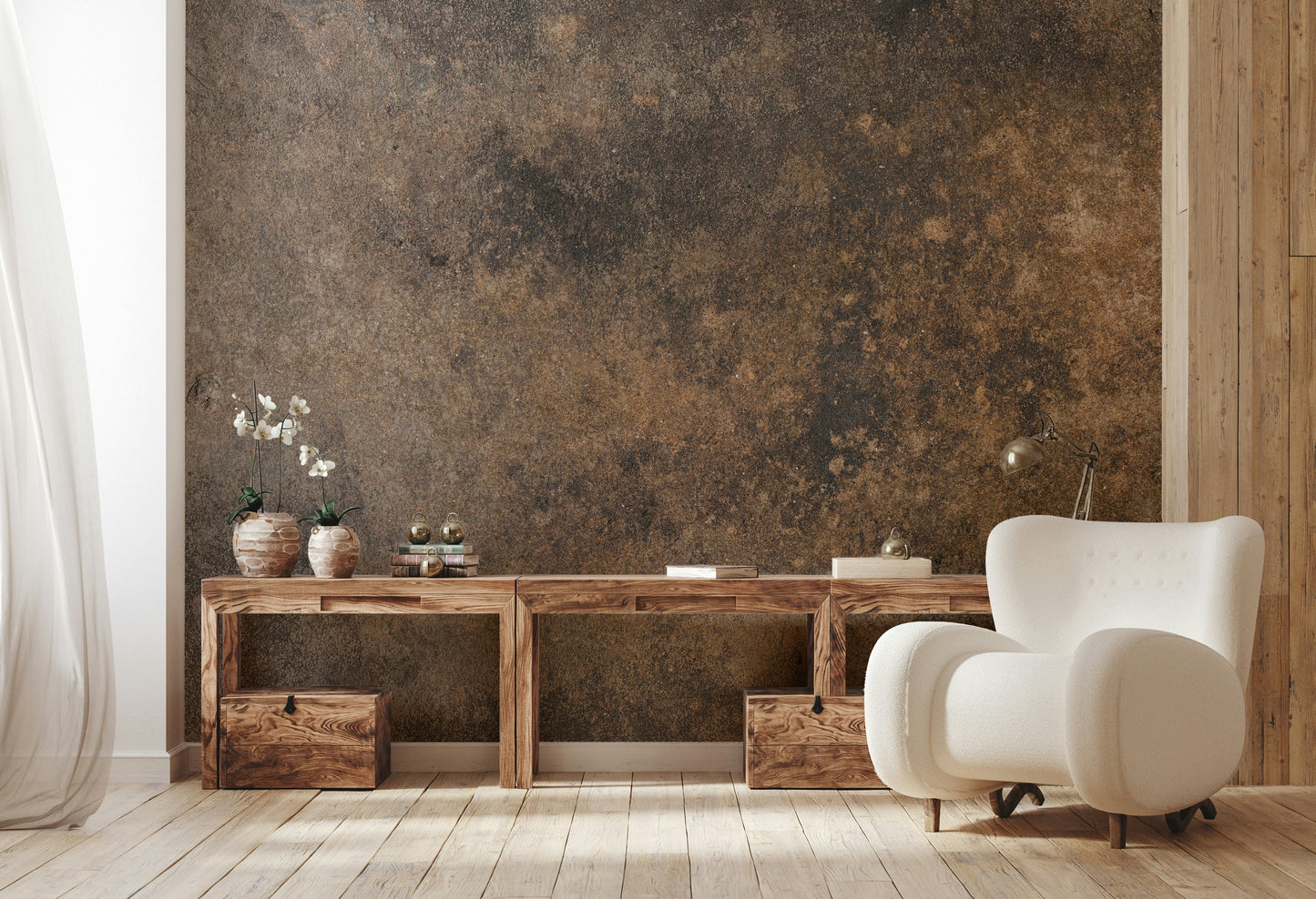 The mural extends across the entire wall, creating a simple but warm backdrop.