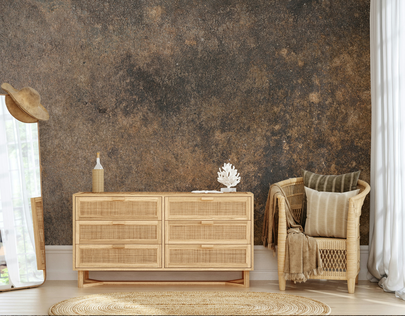 The image shows a full wall with a pattern that looks like layered, old paint or plaster.