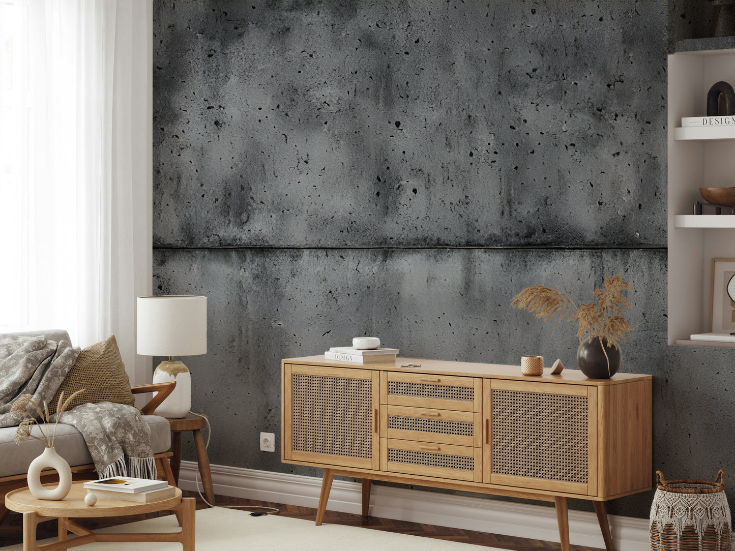 A wall mural featuring a raw, textured urban pattern.