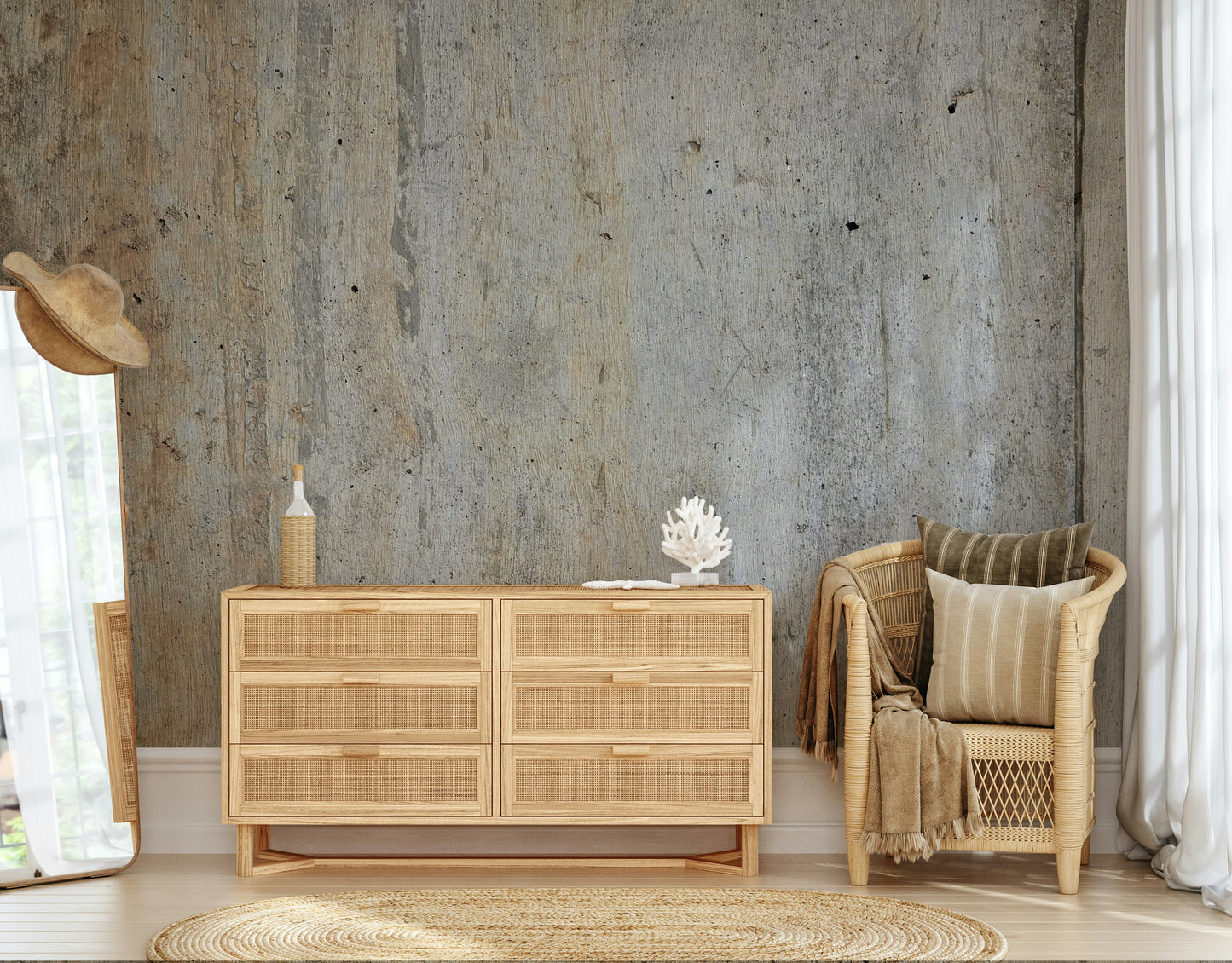 The image shows a full wall with a pattern that looks like peeling paint over old plaster.