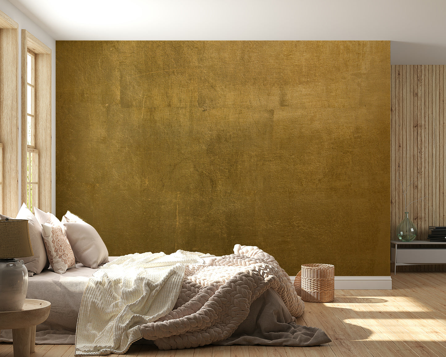 The mural extends across the entire wall, serving as a rich, elegant backdrop.