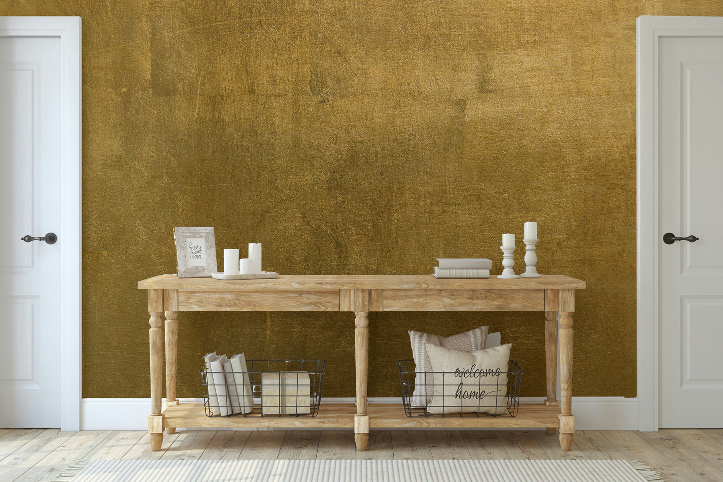 The light in the room highlights the subtle metallic sheen on the surface.