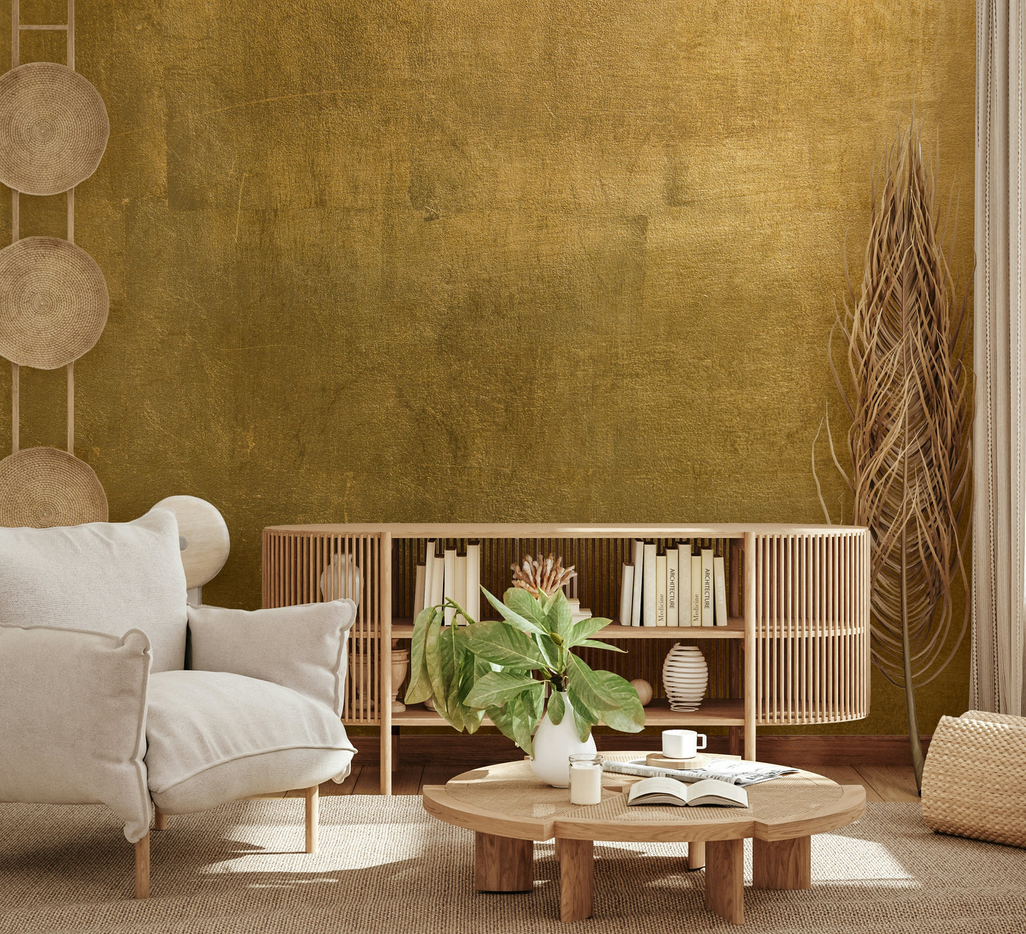 The mural is installed in a modern dining room behind a simple, dark wood table.