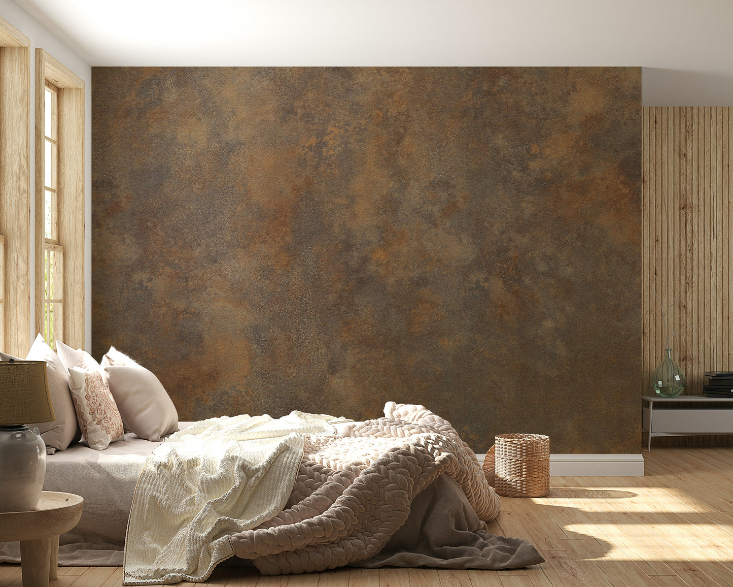 The mural is installed in a modern dining room behind a simple wooden table.
