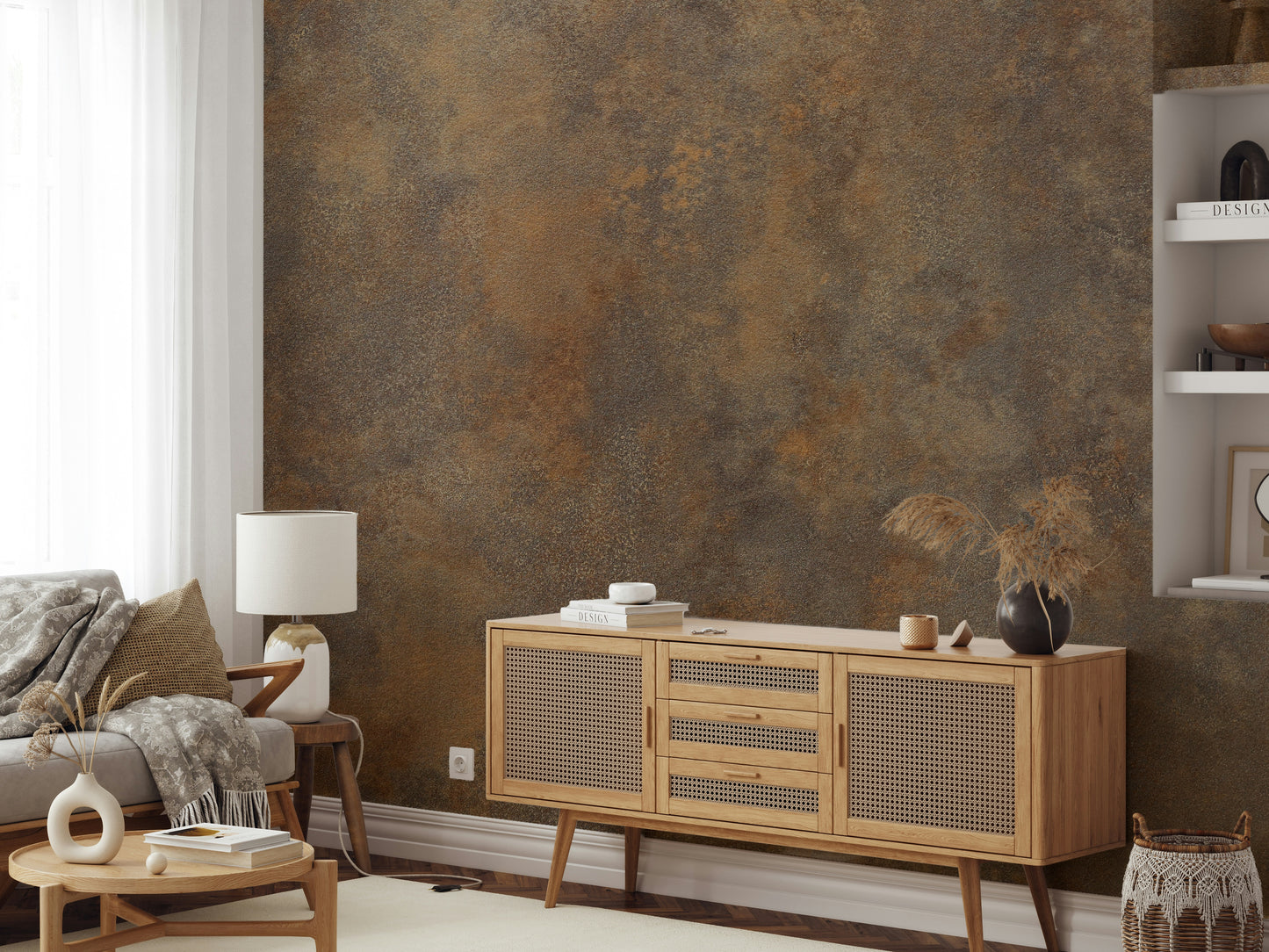 The mural extends across the entire wall, creating a dramatic, textured backdrop.