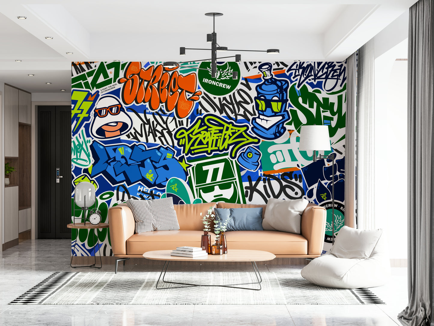 The image shows a full wall covered in different tags, spray paint marks, and graphic stickers.