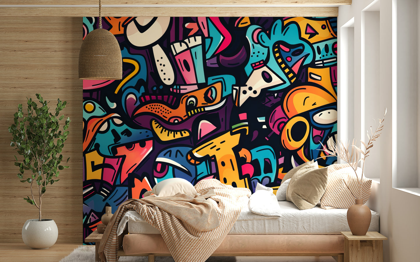 The image shows a dynamic collage of bright colors and geometric shapes.