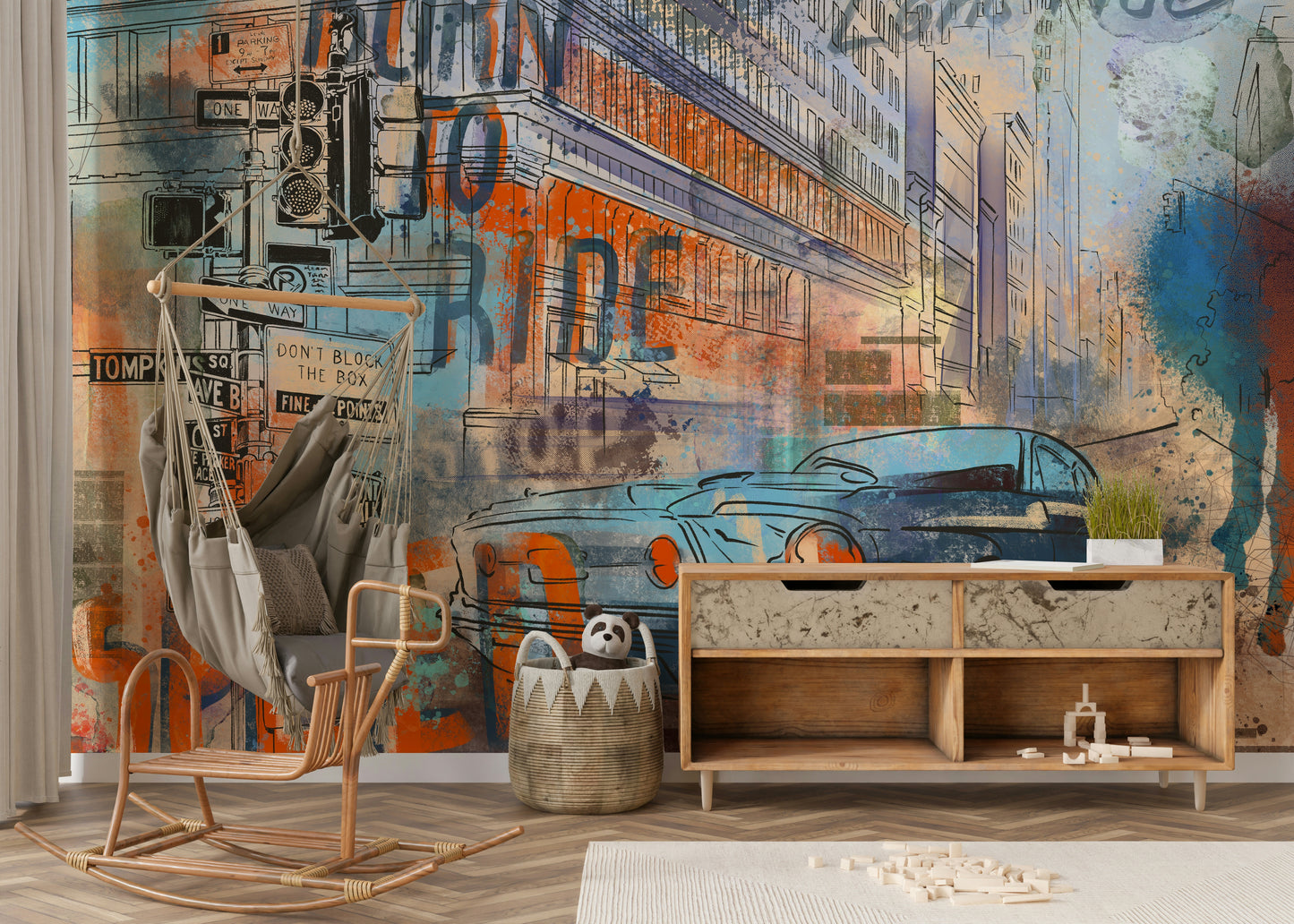The mural covers an entire wall, giving the room a sense of depth.