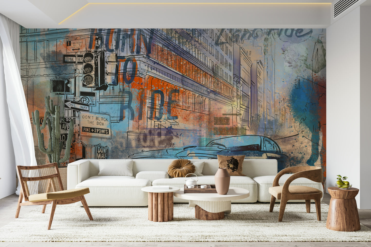The mural is installed in a calm living room behind a light-colored sofa.