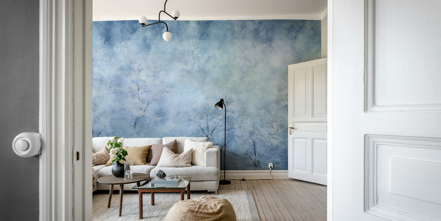 The mural extends across the entire wall, making the room feel more open.