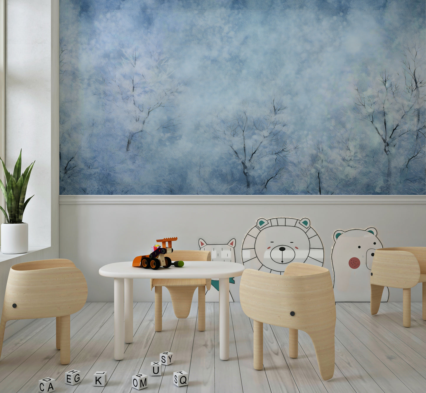 The mural is installed in a modern bedroom behind a simple platform bed.