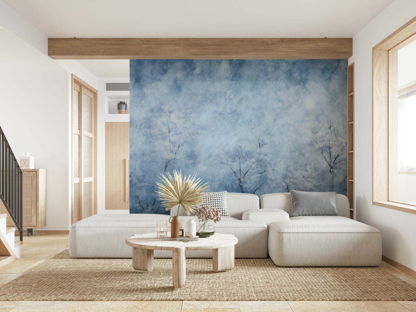 The colors are cool and soft, including light gray, white, and pale blue.