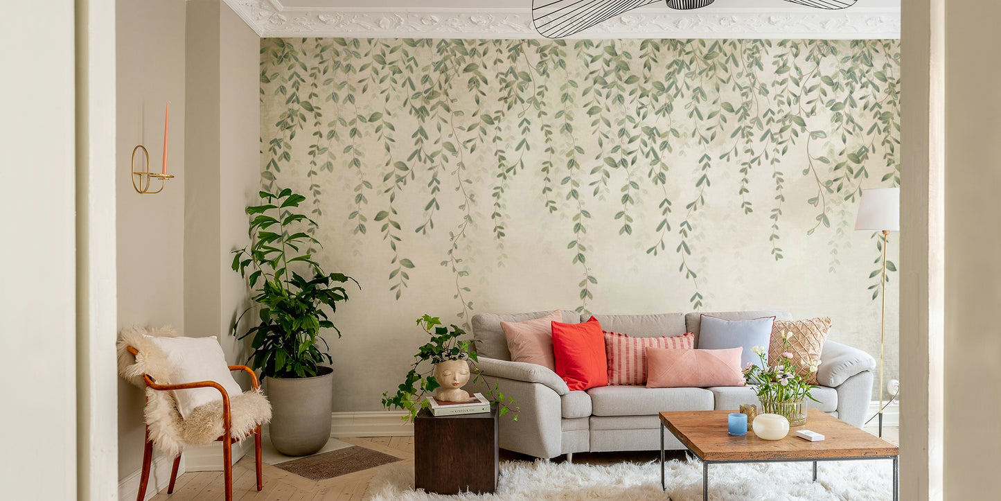 The mural is installed in a bedroom behind a simple wooden bed frame.