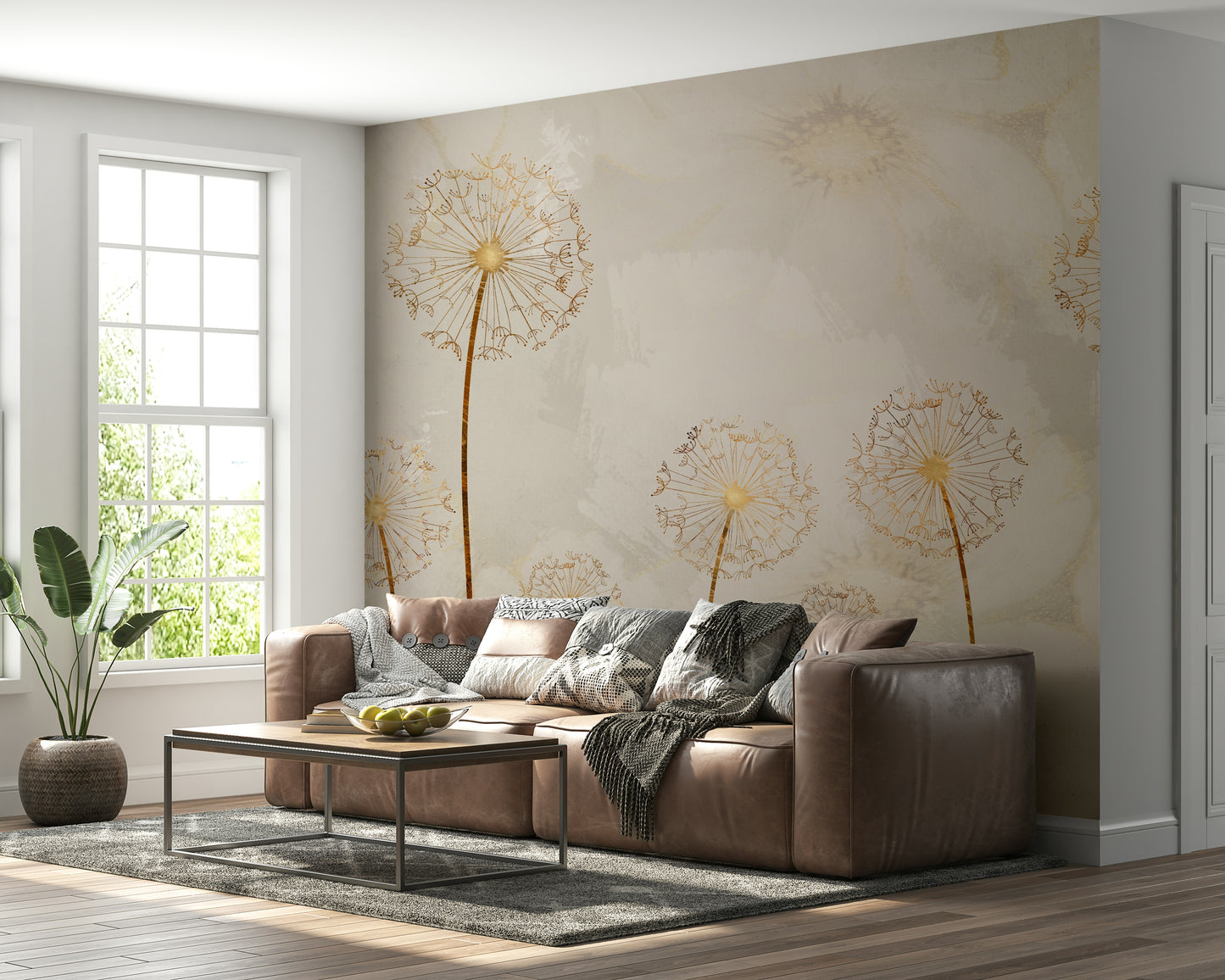 The mural is installed in a bedroom behind a simple, upholstered headboard.