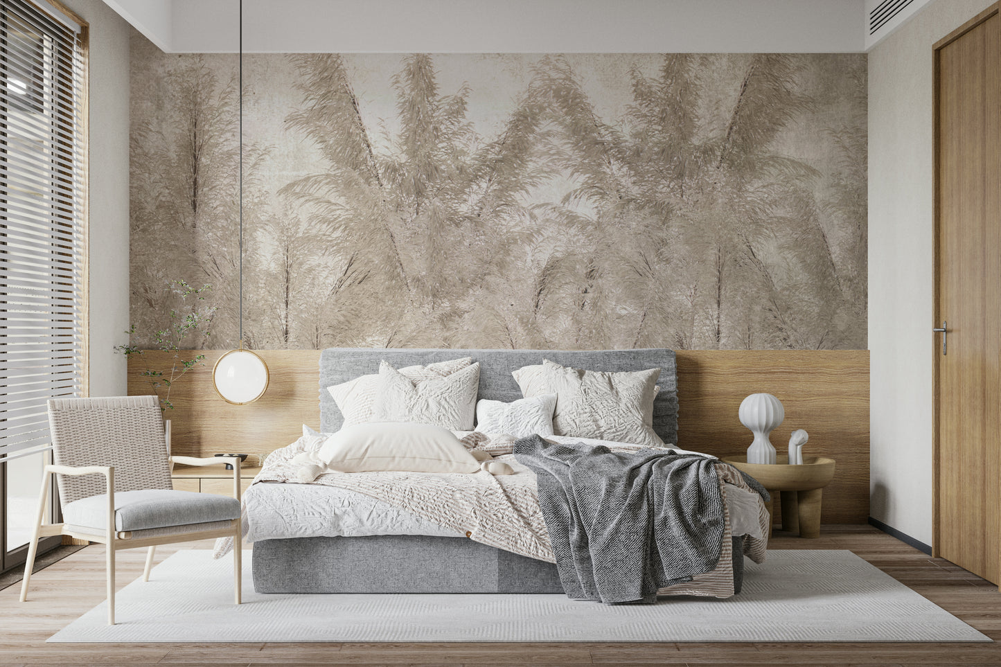 The mural extends across a wide wall, giving the room a sense of depth.