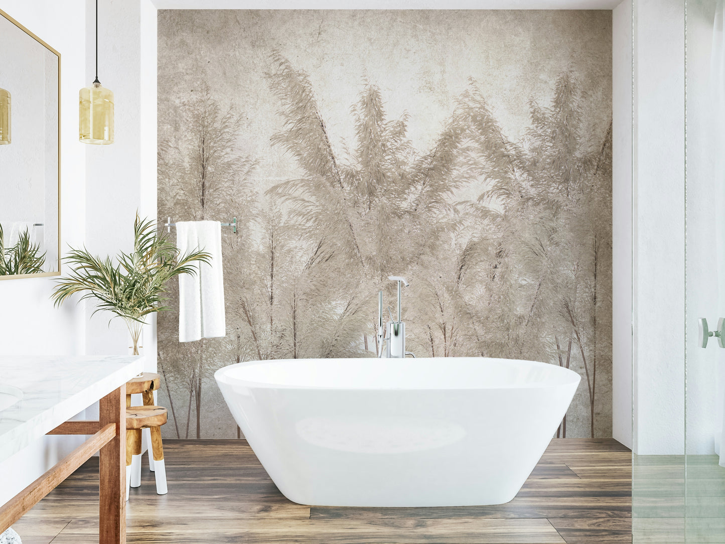 The colors are earthy and natural, including shades of green, beige, and light brown.