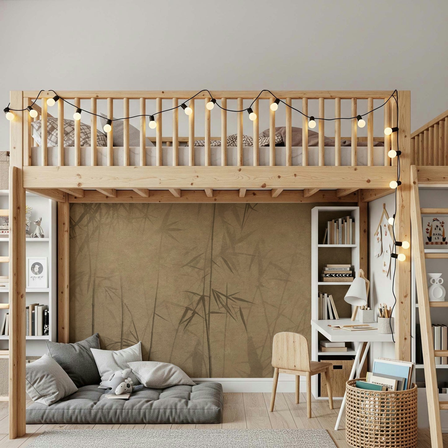 The mural is installed in a modern, minimalist-style living room.