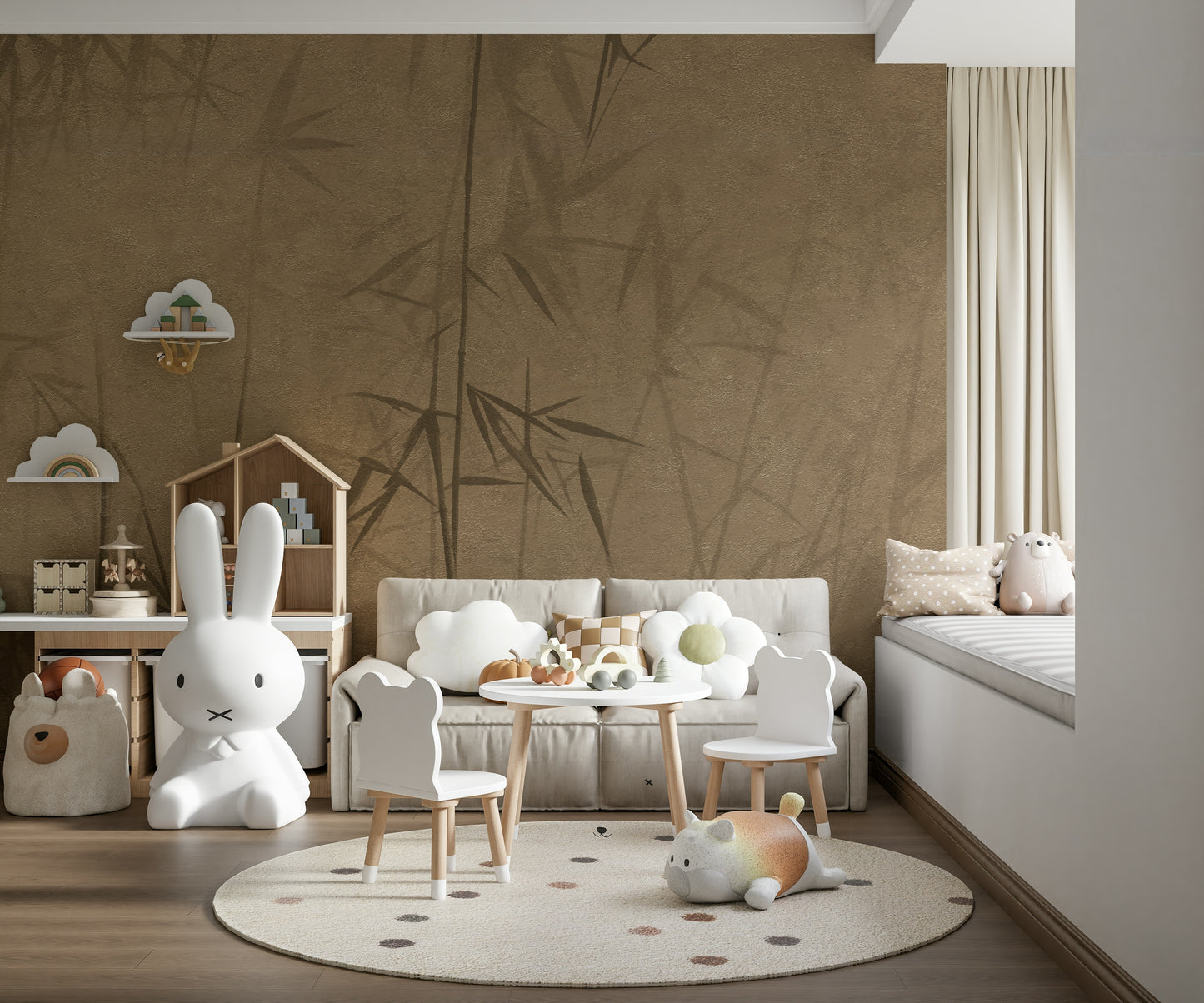 A simple, low-profile chair is placed against the wall with the mural.