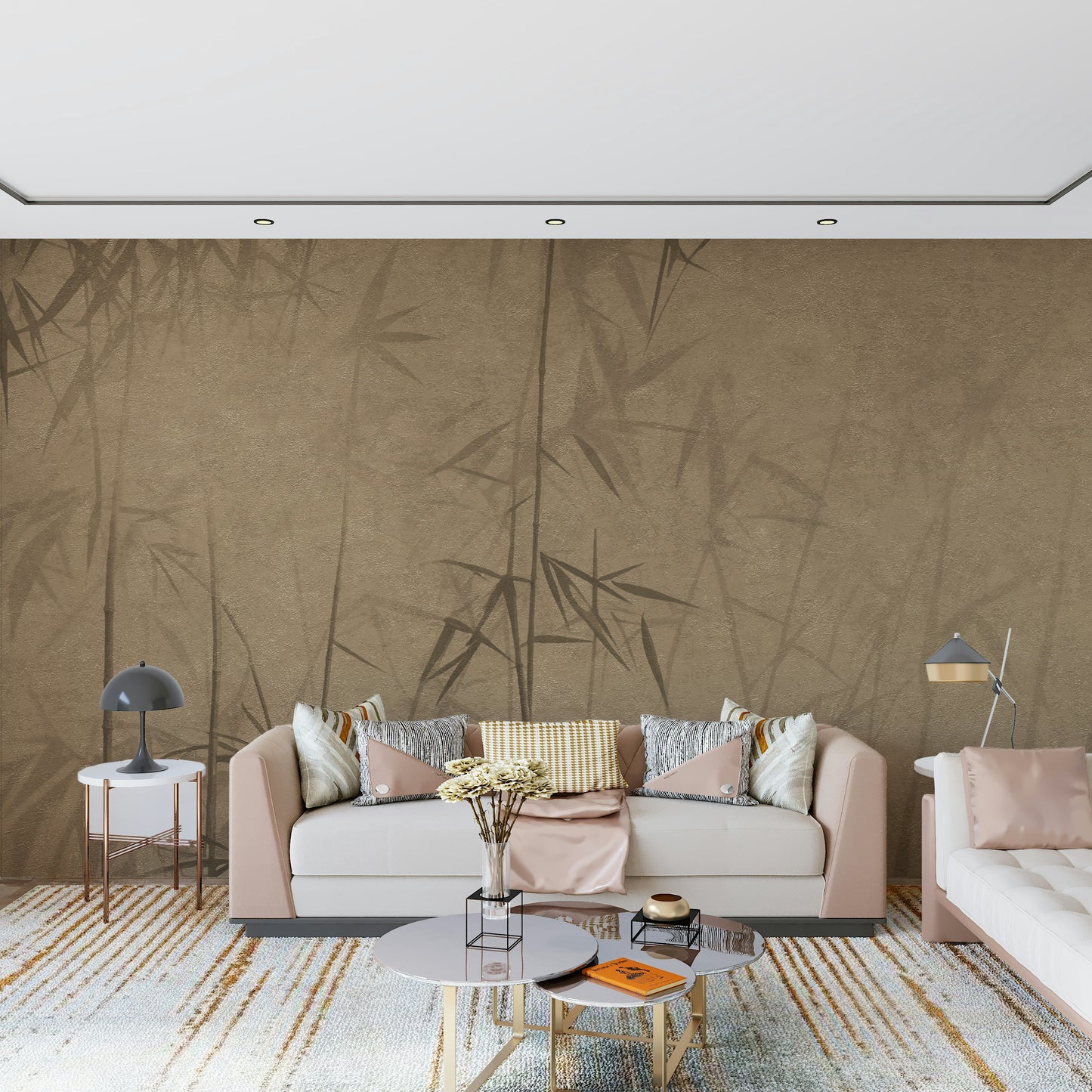 The mural extends across a long, flat wall, making the room feel larger.