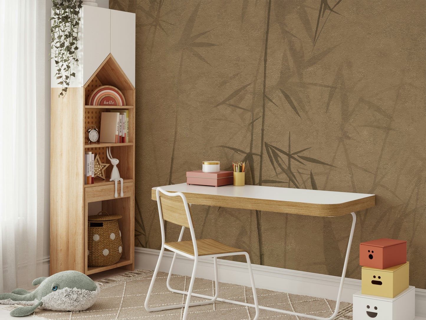 The lighting is soft, highlighting the vertical lines of the bamboo.