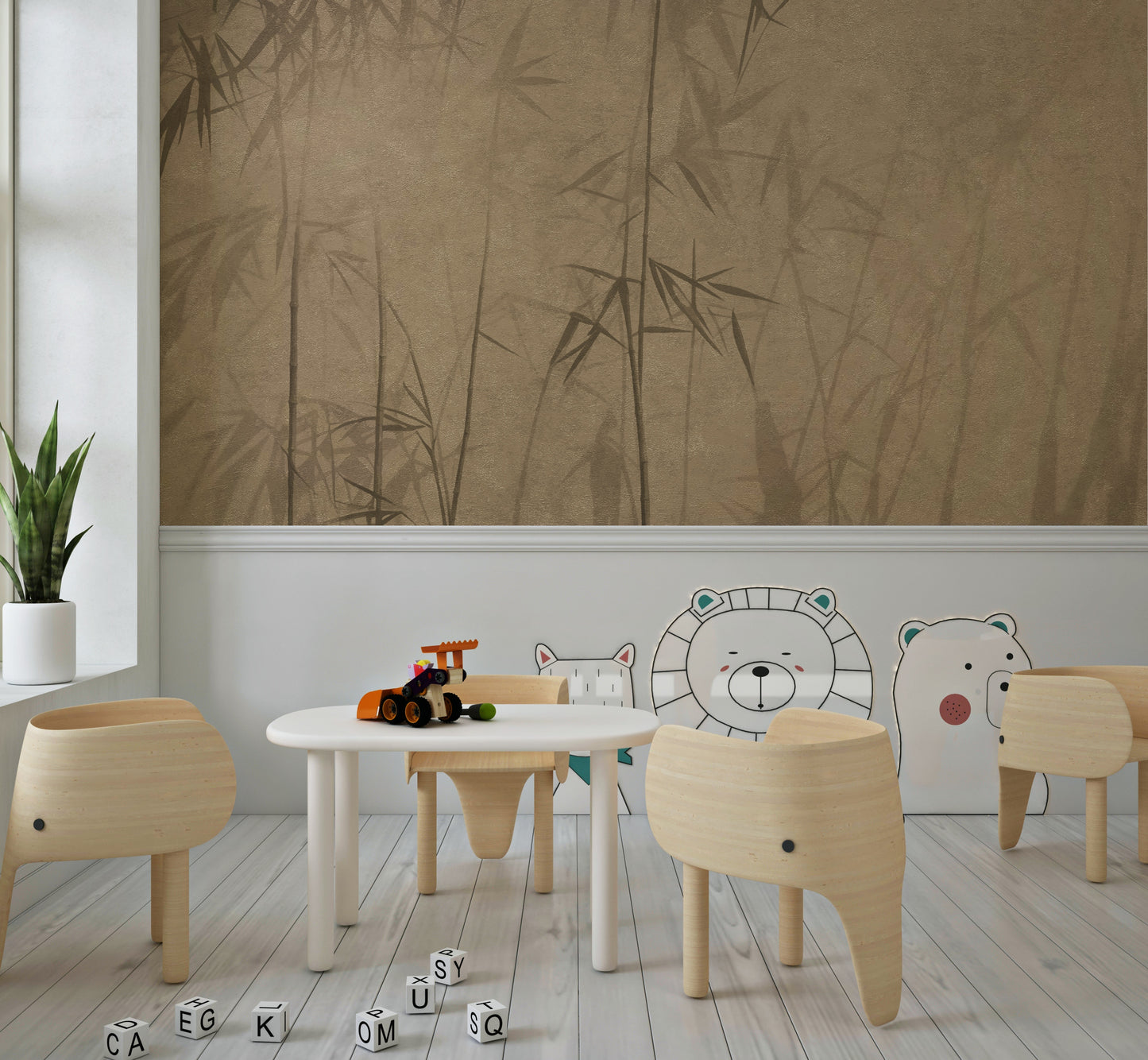 The image shows the bamboo stems from the ground up, reaching the top of the wall.