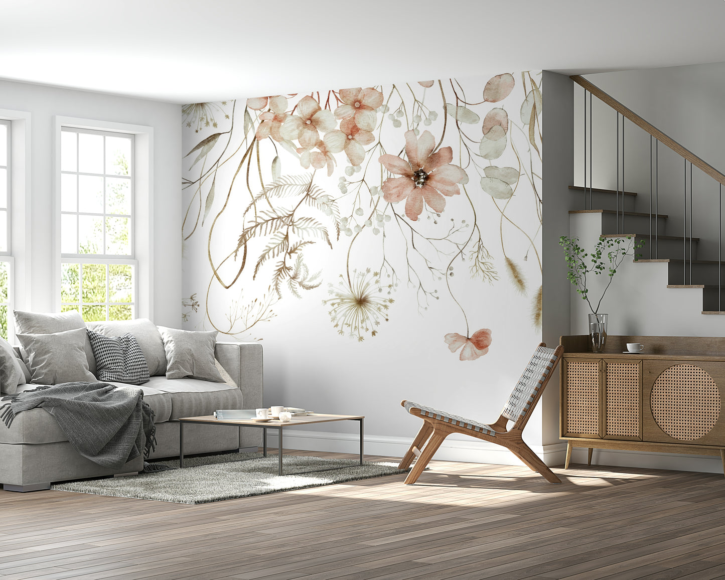 The mural shows a pattern of blossoms and petals gently flowing from top to bottom.