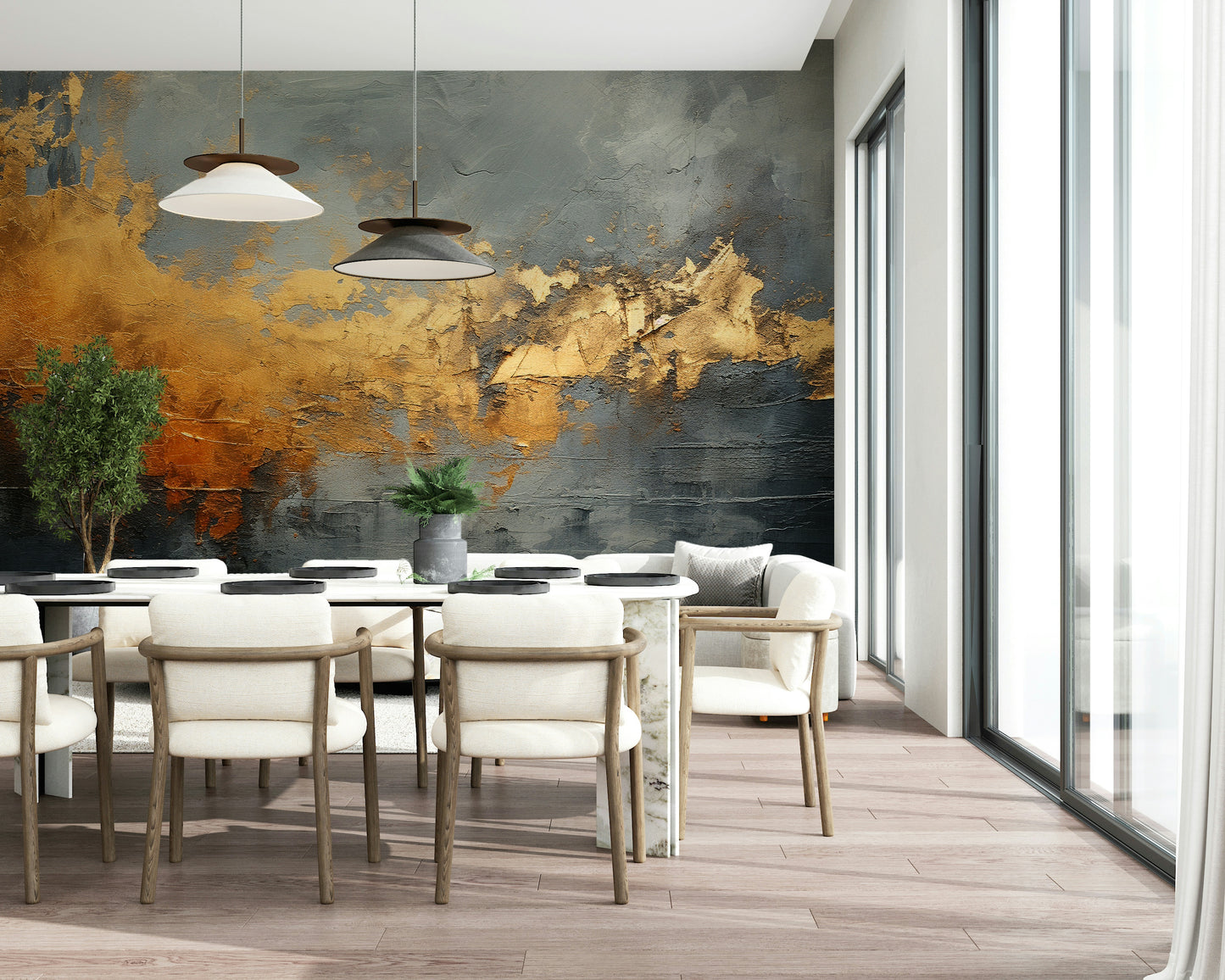 The image shows an artistic impression of a serene gilded horizon scene.