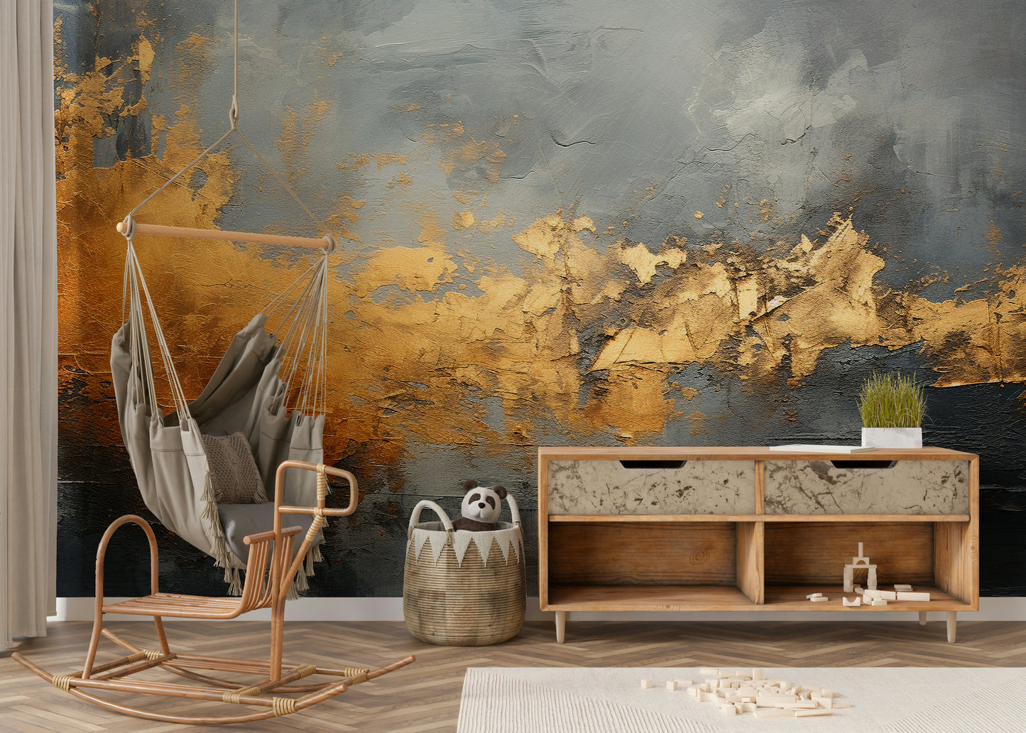 The gold and horizon elements are a central focus of the image.