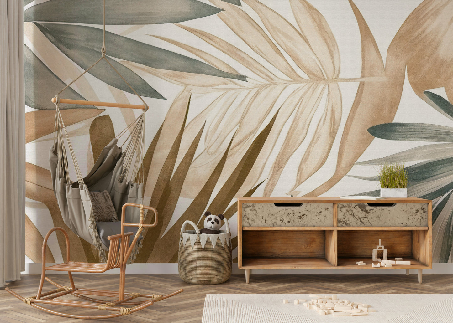 The image shows an artistic impression of a serene tropical floral scene.