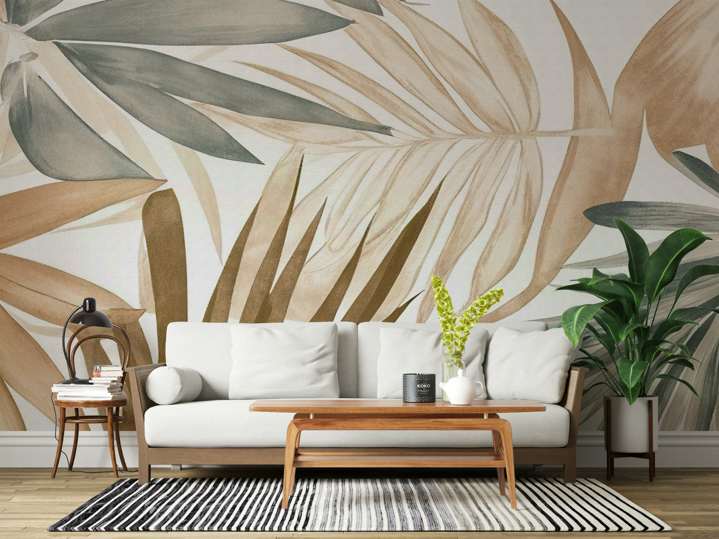 The colors are soft, muted tones of green, brown, blue, pink, and yellow.