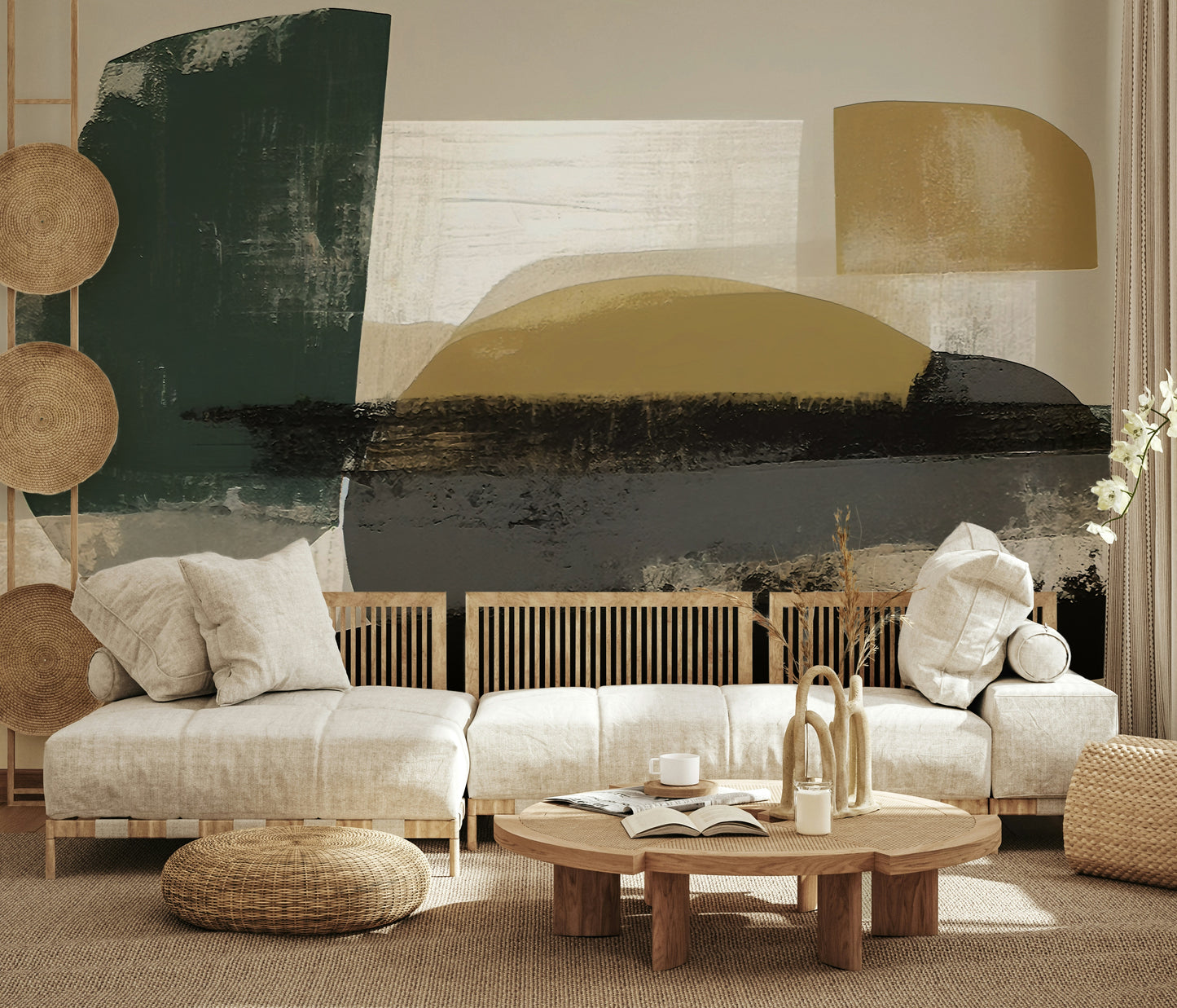 The composition is a dynamic, abstract pattern.
