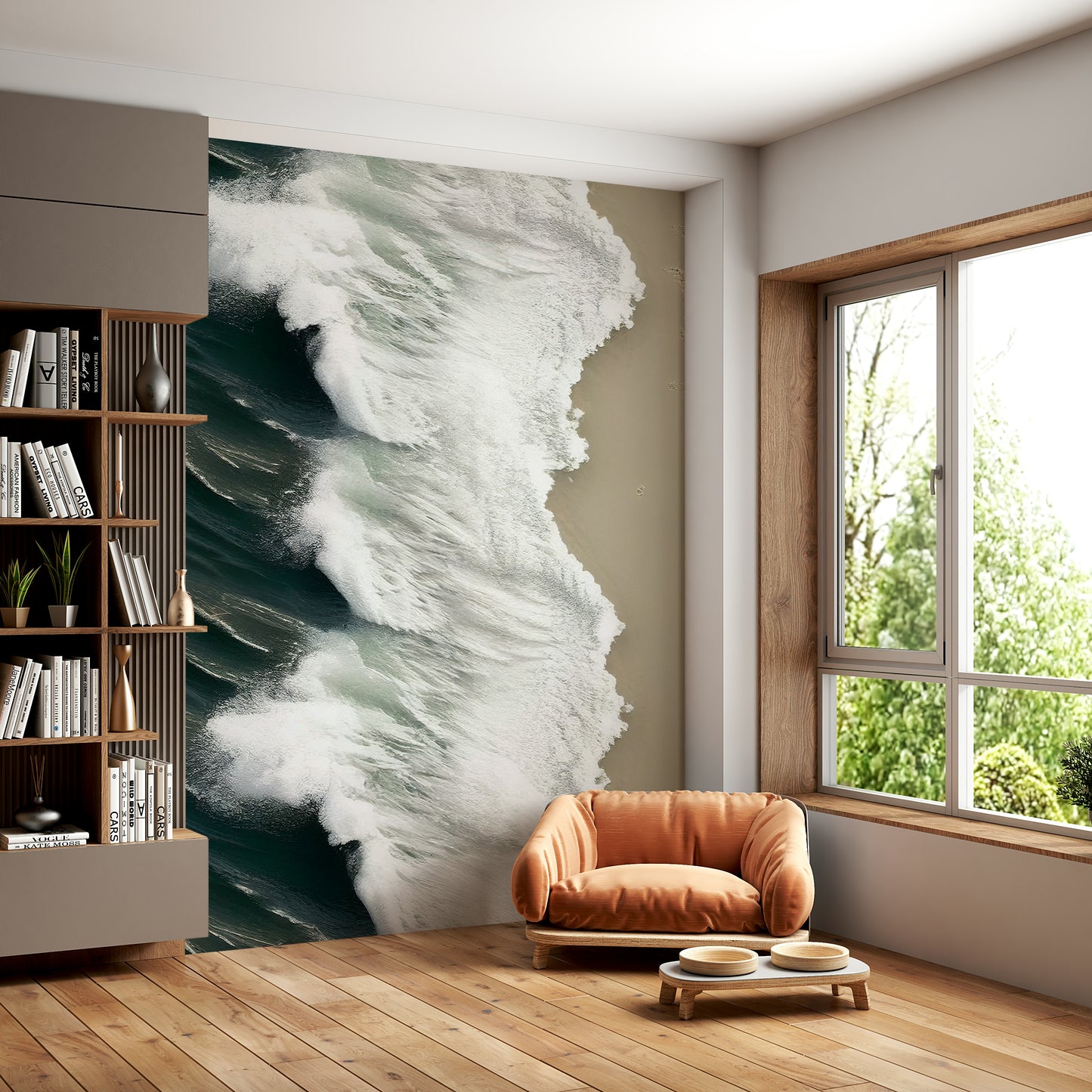 The image shows a peaceful scene with a gentle wave.