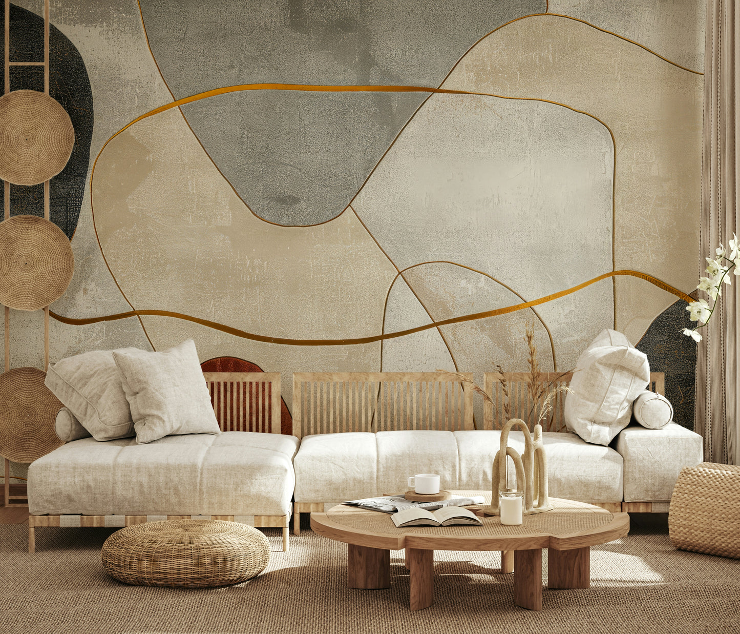 The composition is a dynamic, abstract pattern.