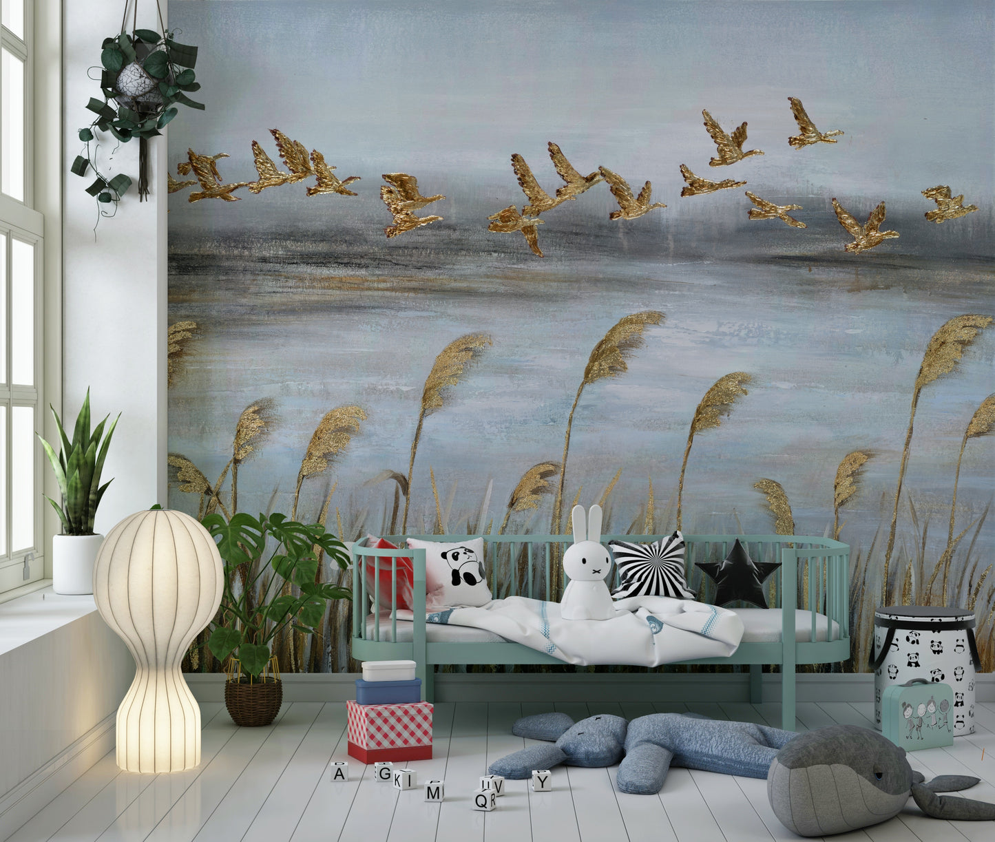 The design has gold leaf accents.