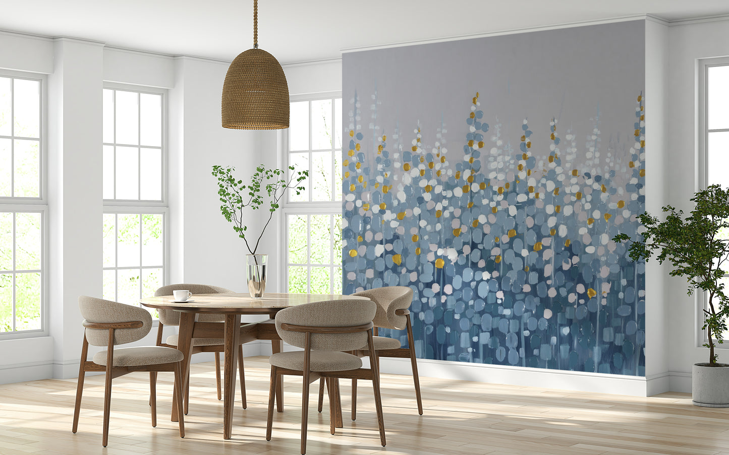 The abstract shapes and gold accents are a central focus of the image.