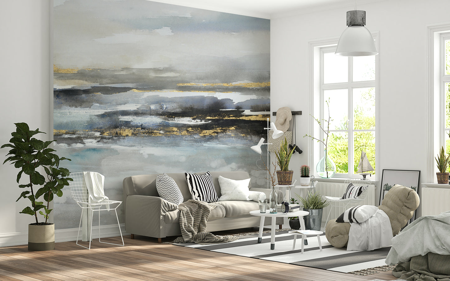 The colors are soft, muted tones of blue, beige, and white.