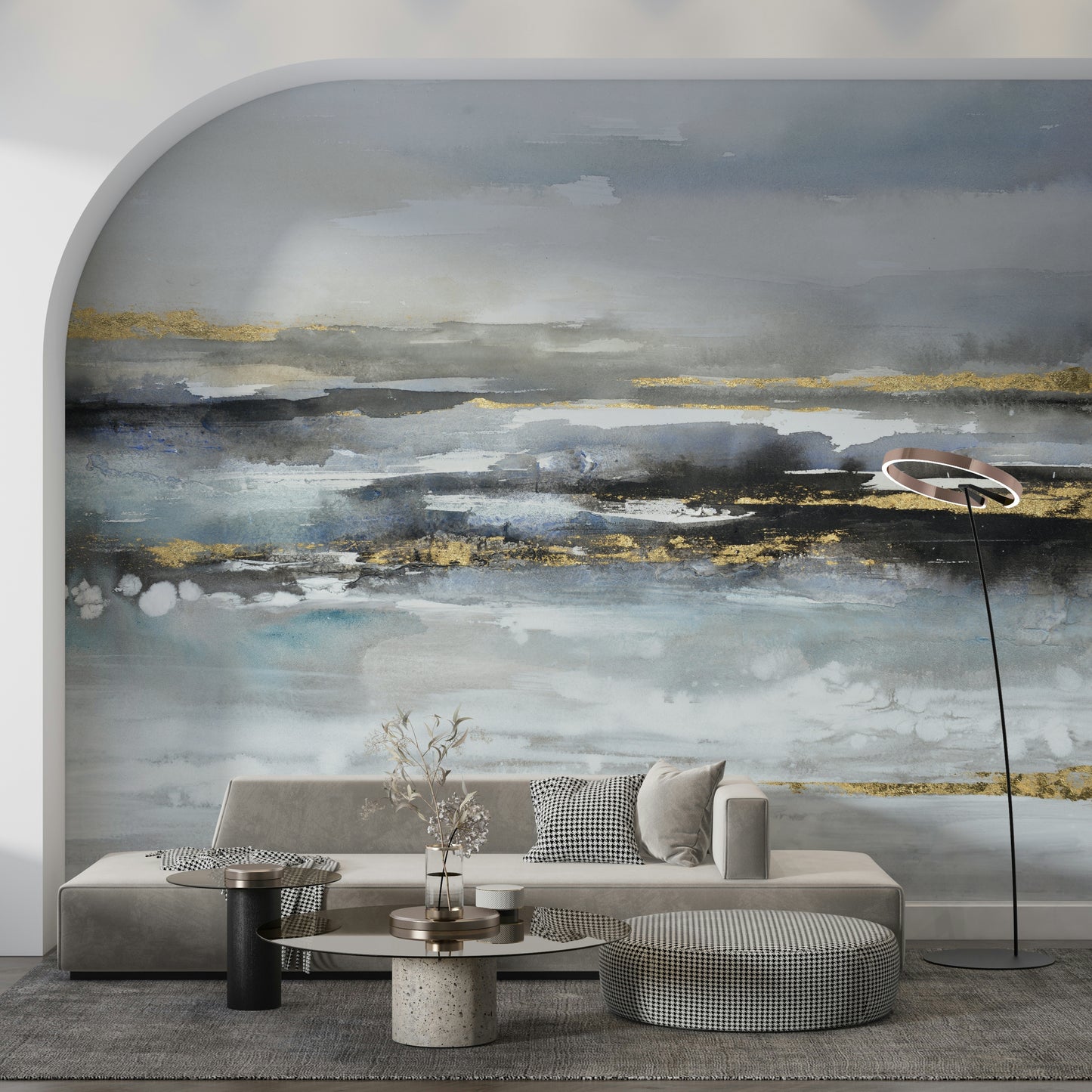 A wall mural of an abstract seascape.