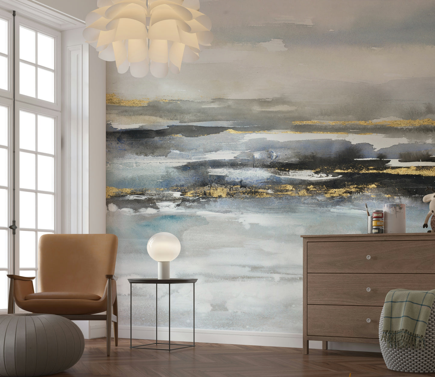 The abstract shapes are a central focus of the image.