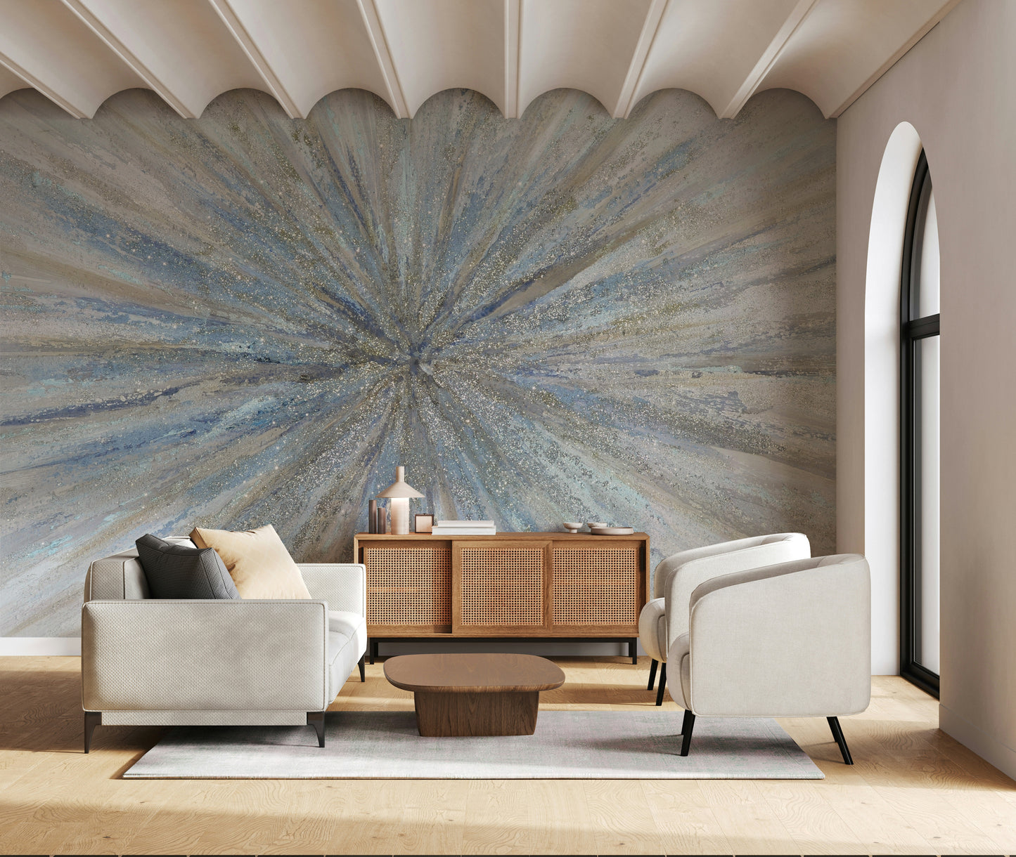 The composition is a radiating, starburst pattern.