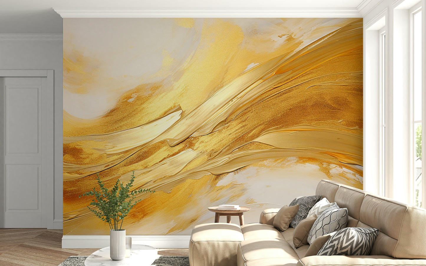 The colors are soft, muted tones with a golden sheen.